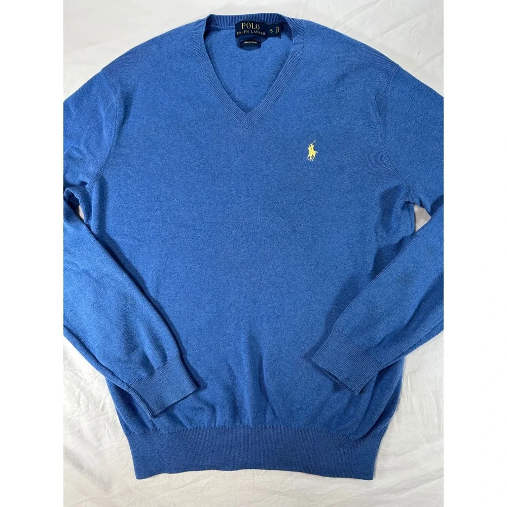 Polo Ralph Lauren Mens Pima Cotton V-Neck Sweater Blue Yellow Pony Small